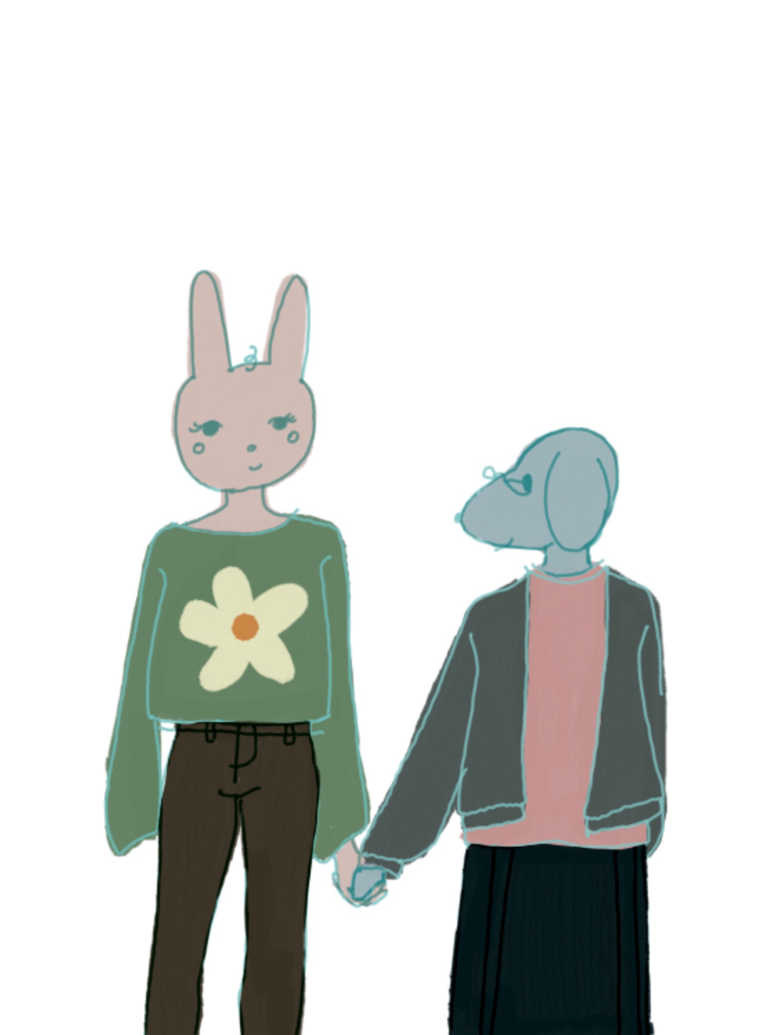 a rabit girl and a dog girl holding hands