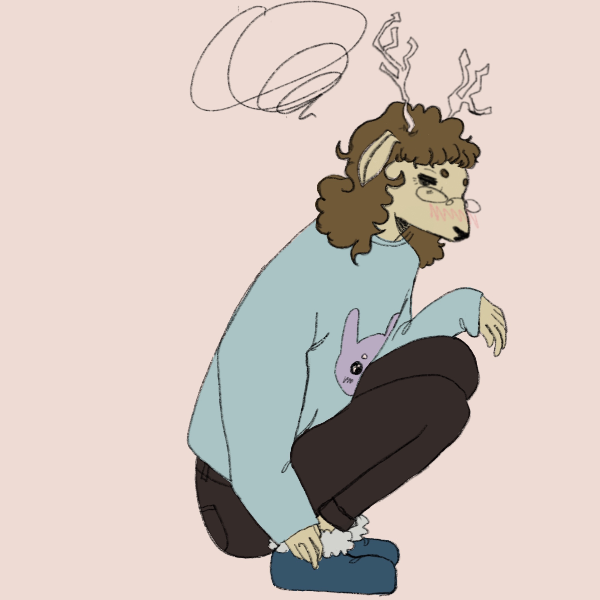 drawing of a deer person with brown curly hair, she is wearing a jumper and jeans and a pair of slippers. his jumper has a bunny on it. drawn by laila :D
